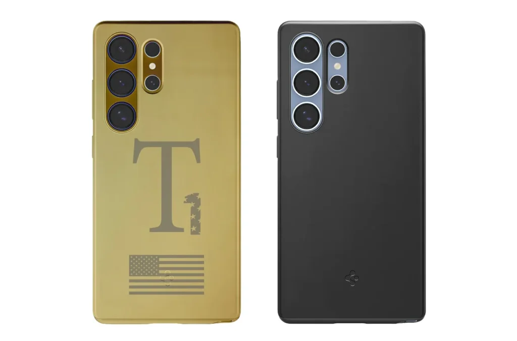 Imagem promocional da Trump Mobile usa render do Galaxy S25 Ultra dourado como se fosse o T1 Phone